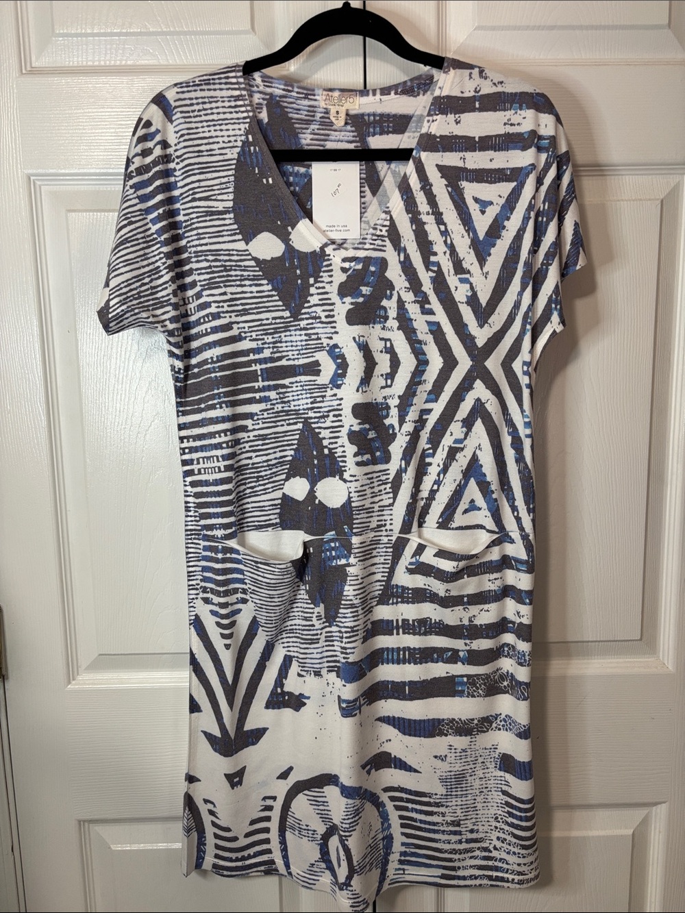 Atelier 5 by Gozde Yilmaz short sleeve dress blue & white With Pockets Sz S NWT